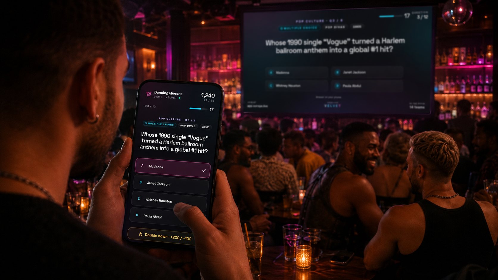 A packed gay bar mid trivia night — a regular up front on his phone with the Soiraye trivia question, the same question up on the bar TV behind him, the room leaned in.